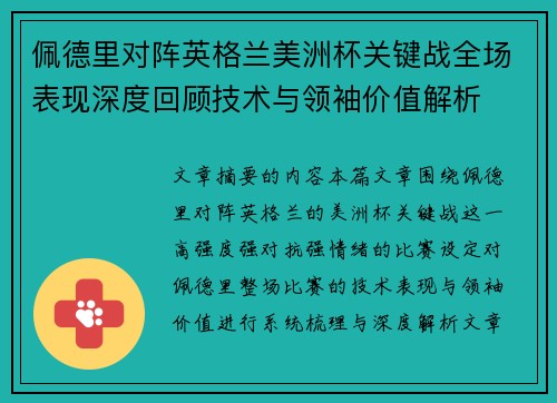 佩德里对阵英格兰美洲杯关键战全场表现深度回顾技术与领袖价值解析
